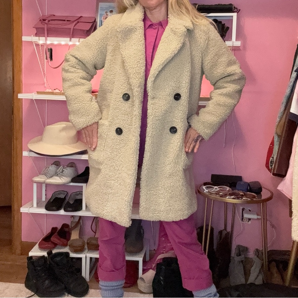 Noless Teddy Fluffy Faux Fur fuzzy tan beige double breasted coat size medium